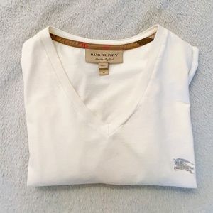 Burberry Men’s White V-Neck T-Shirt, With Logo, Medium